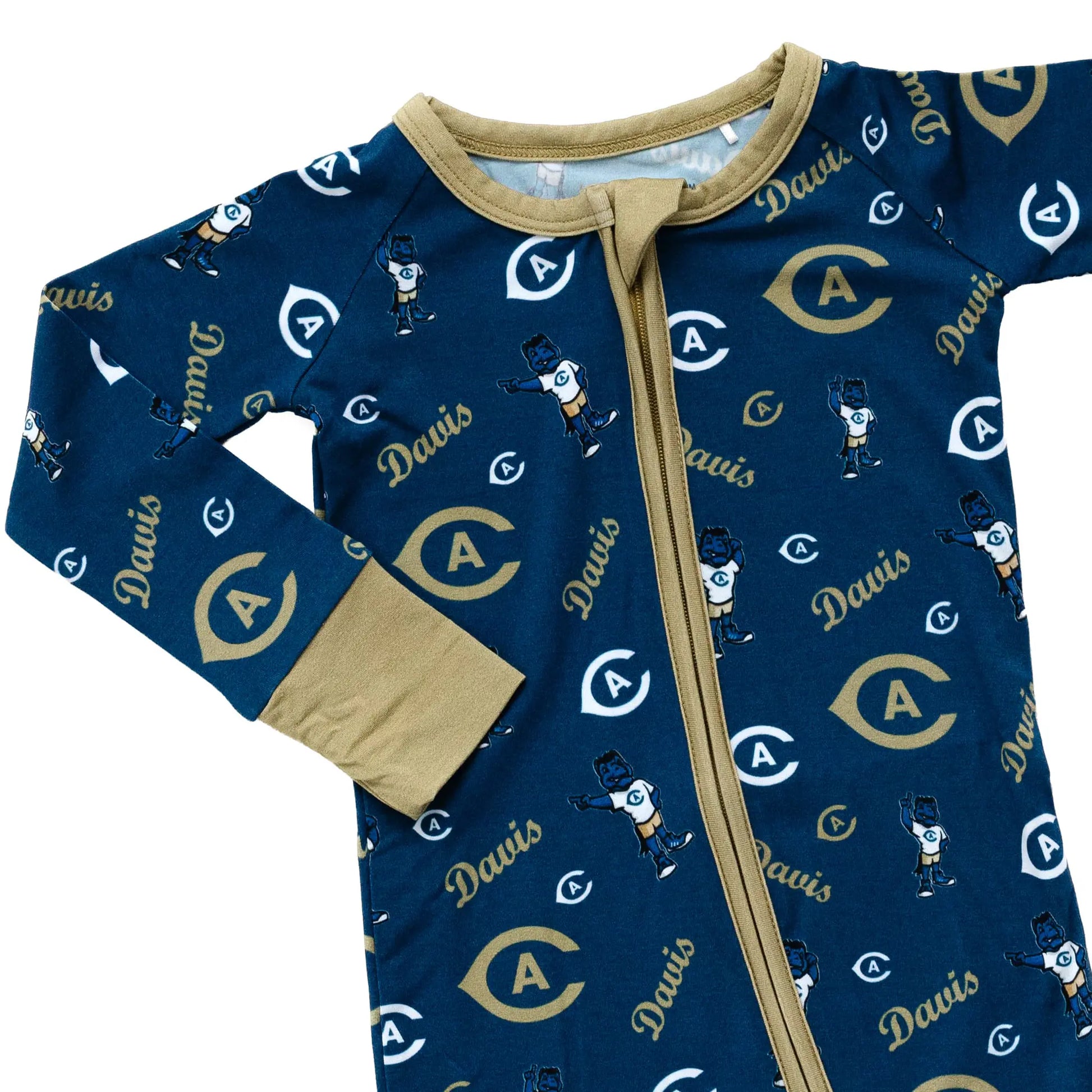 Baby bamboo zipper sleeper with UC Davis Aggies logo in official blue team color.