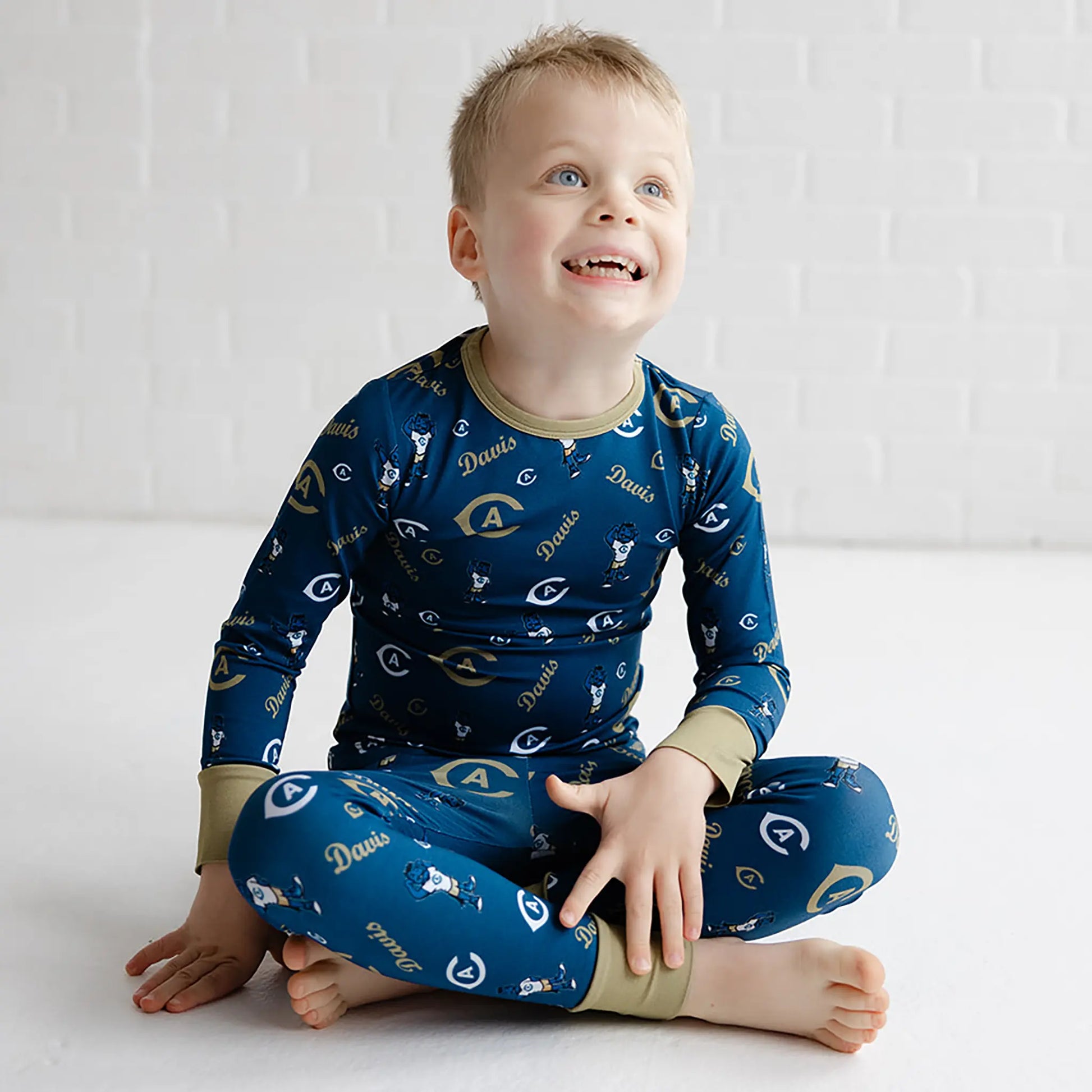 UC Davis two piece bamboo pajamas for boys and girls with officially licensed Aggies print.