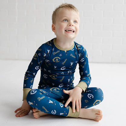 UC Davis two piece bamboo pajamas for boys and girls with officially licensed Aggies print.