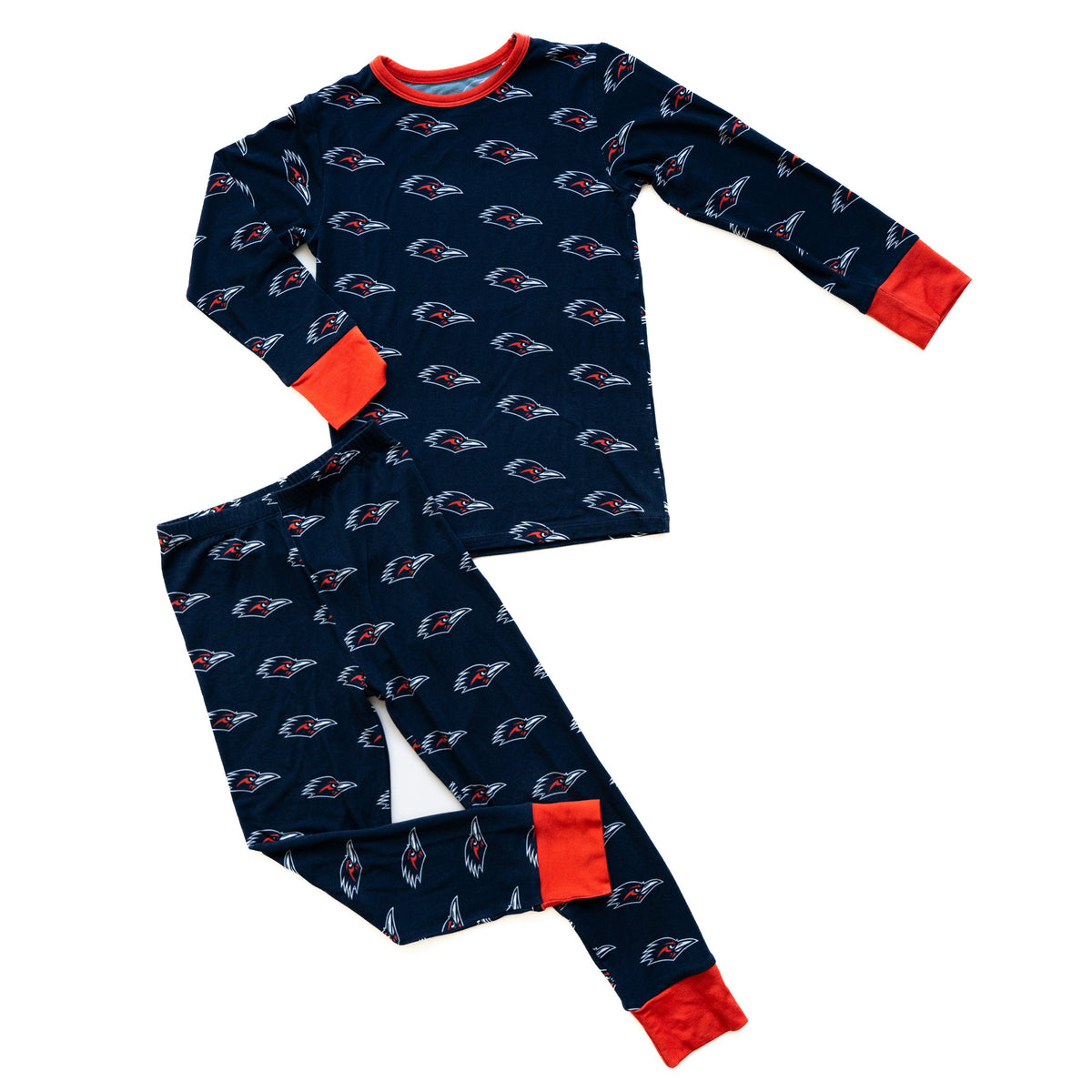 A two-piece long-sleeve pajama set laid flat on a white background. utsa roadrunners bamboo two piece pajama set. 