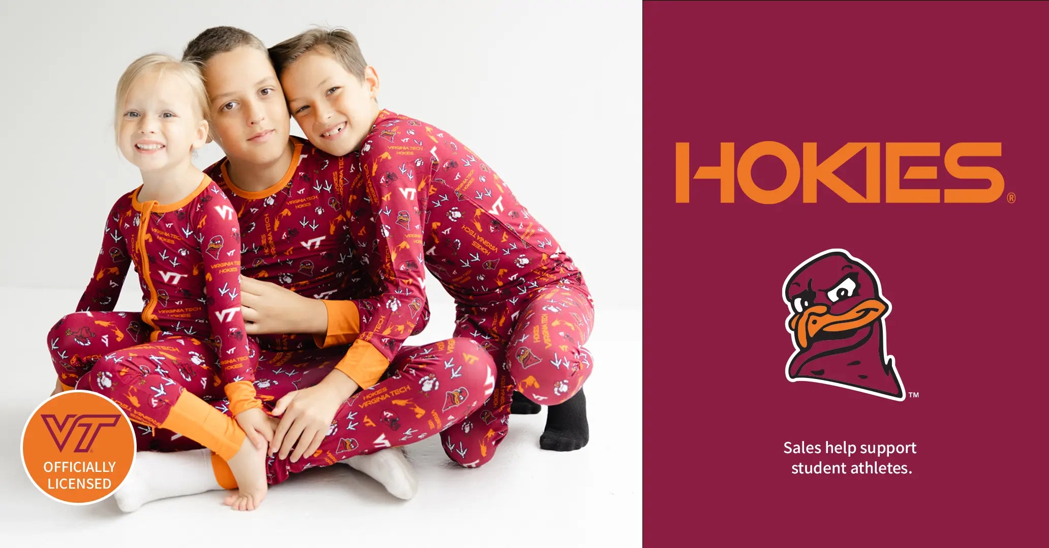 Officially licensed Virginia Tech Hokies bamboo collection featuring baby zippy one-piece sleepers and kids two-piece pajama sets with Chicago Maroon background and Burnt Orange trim.