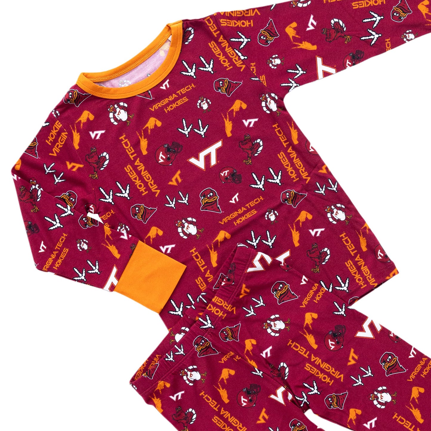 Virginia Tech Hokies baby and kids pajamas with long-sleeve top and matching pants.