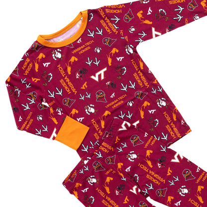 Virginia Tech Hokies baby and kids pajamas with long-sleeve top and matching pants.