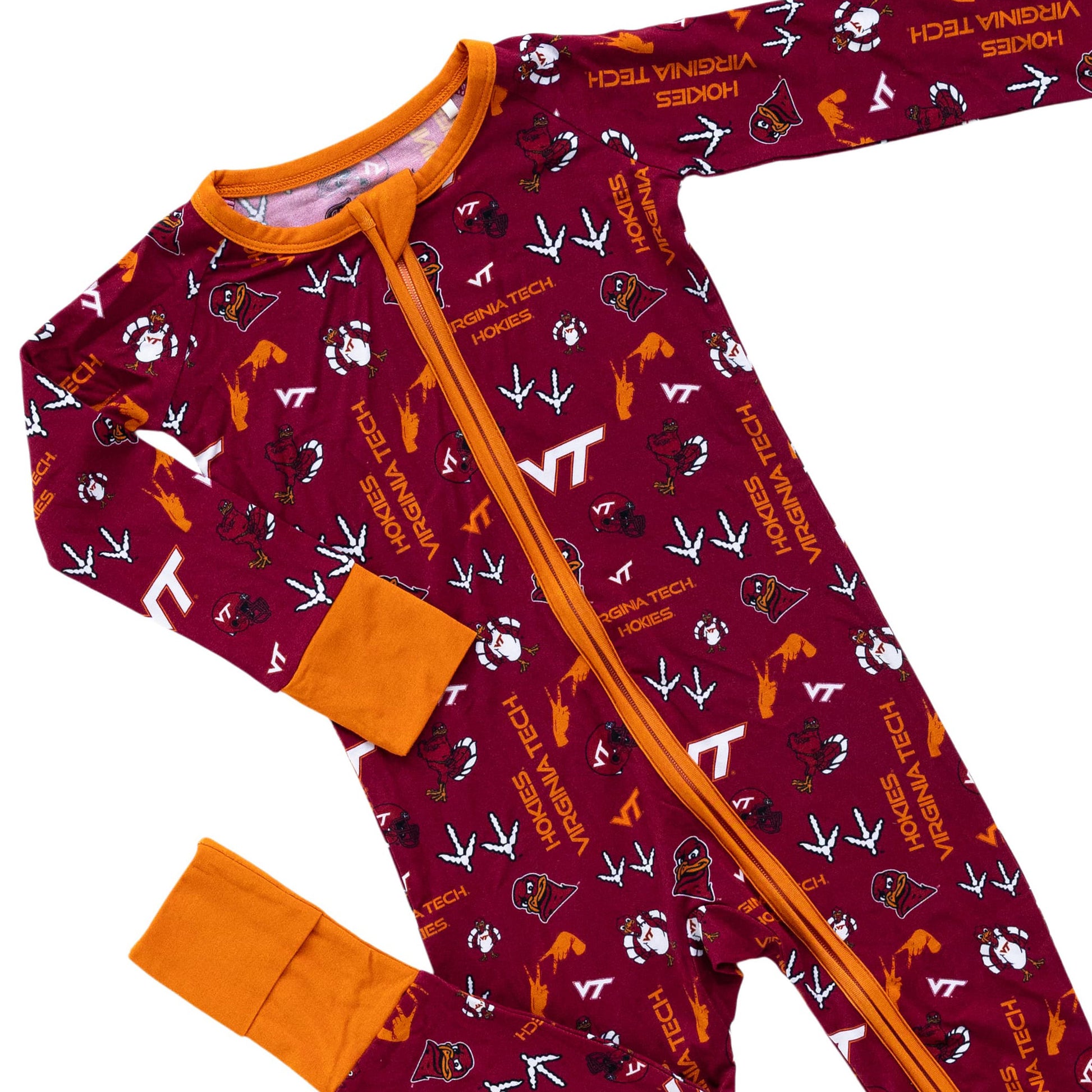 Virginia Tech Hokies infant bamboo pajamas with double zipper and convertible footies.