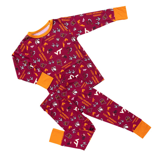 Officially licensed Virginia Tech Hokies kids pajamas featuring all-over team logos.