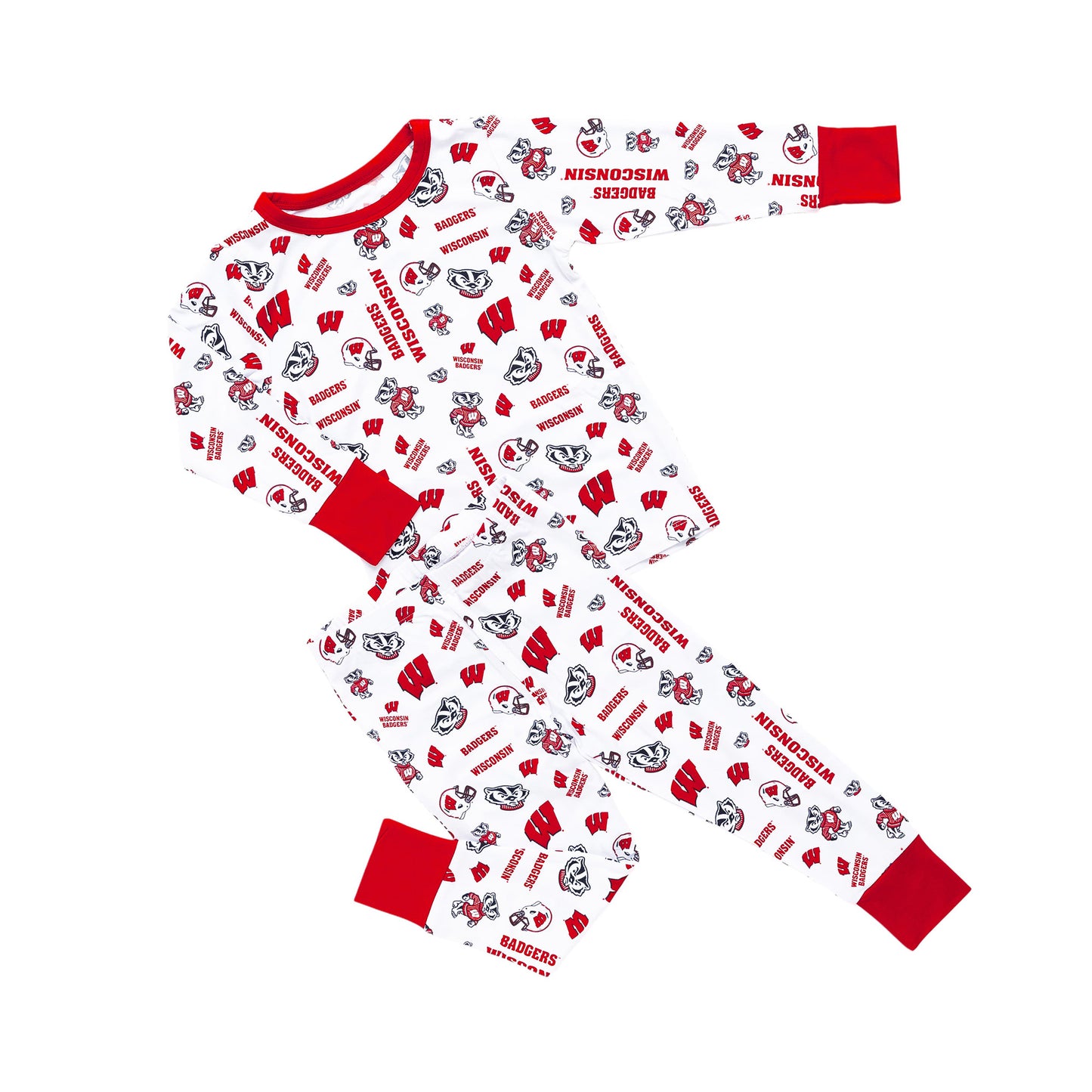 Official Wisconsin Badgers kids pajamas featuring red and white team graphics