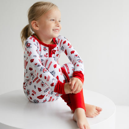 Wisconsin Badgers baby bamboo zippy one-piece with white multi-pattern base and red trim