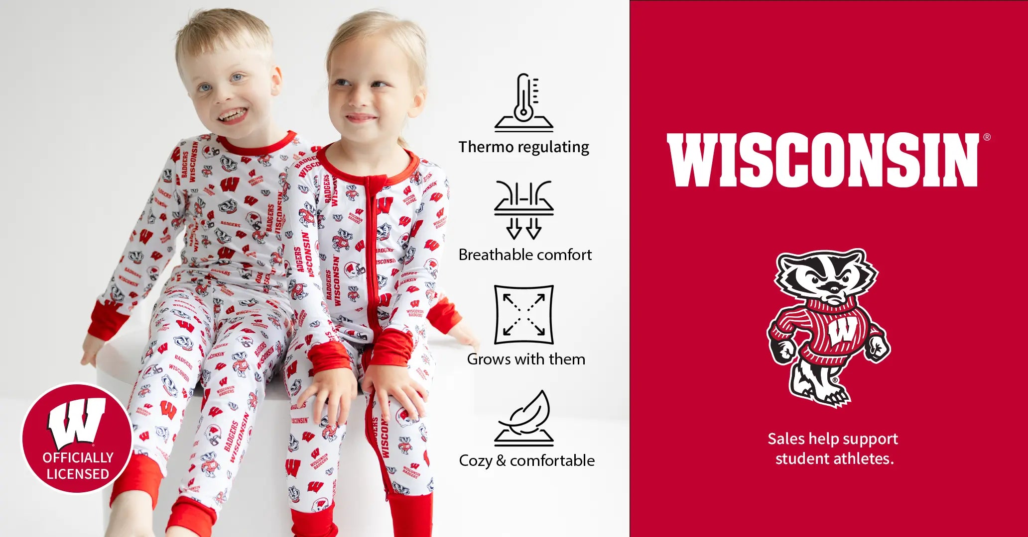 Two children wearing red and white pajamas with a Wisconsin logo on a red background.