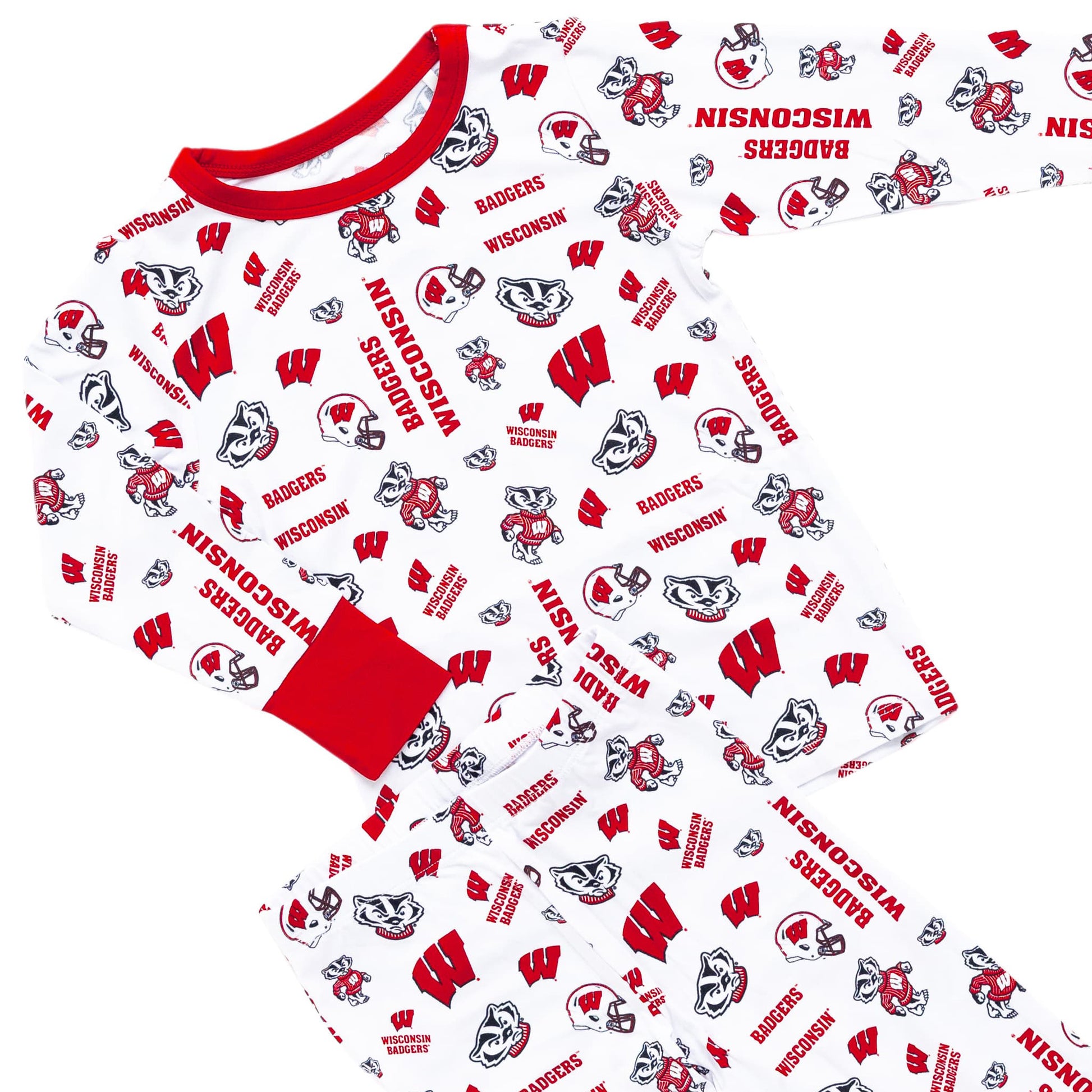 Toddler wearing Wisconsin Badgers two-piece pajama set with collegiate print