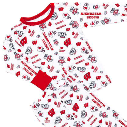 Toddler wearing Wisconsin Badgers two-piece pajama set with collegiate print
